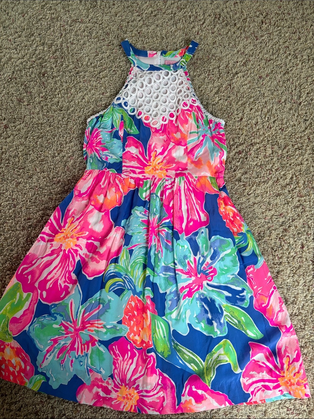 Lilly Pulitzer Women's Floral Halter Dress - Bright Pink & Blue w/ Pockets